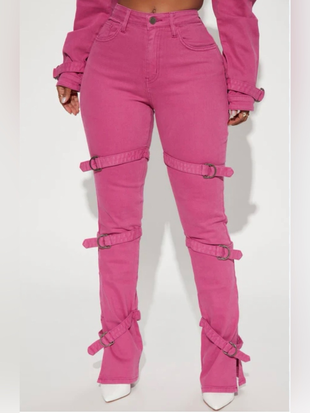 Fashion Nova Lovefool Strappy Split Hem Straight Leg Jeans (SKU581)
